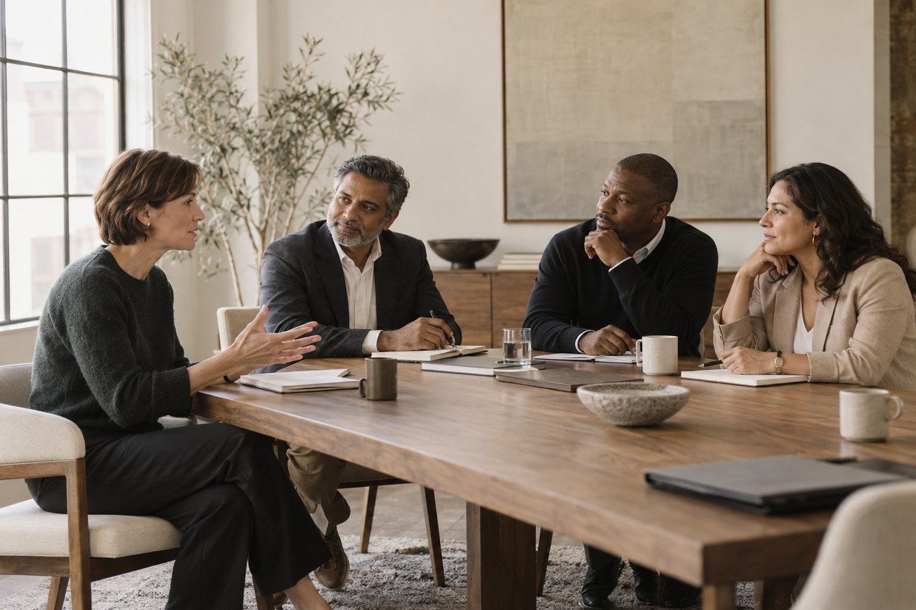 Illustrative scene of four advisors sharing ideas around a studio meeting table