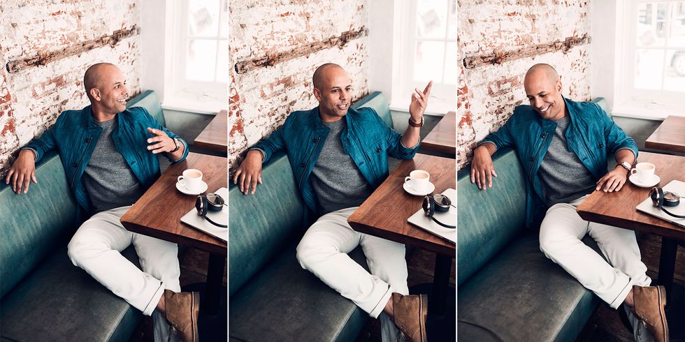 Three candid frames of Keir Dillon talking and laughing in a café