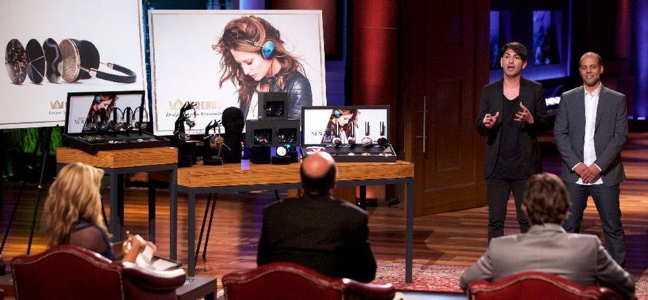 Keir Dillon and his co-presenter presenting FRENDS headphones on Shark Tank